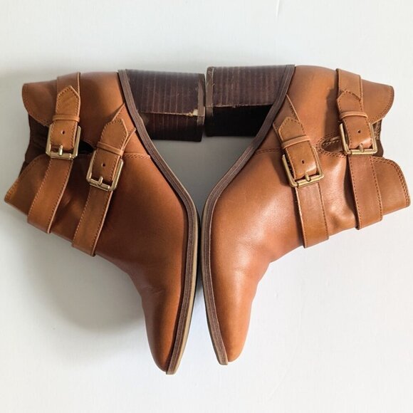 Franco Sarto Tan Camel Leather Double Gold Buckle Stacked Heel Booties - Picture 4 of 7